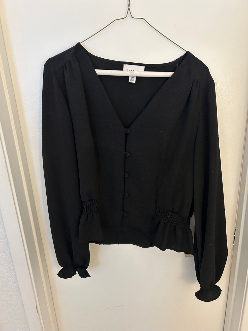 Topshop Black Button-Front V-Neck Long Sleeve Blouse